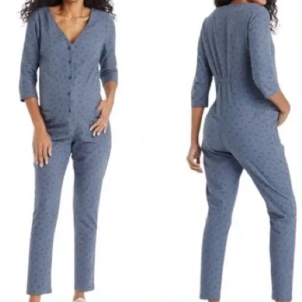 The Nines by Hatch Small Blue Floral Button-down Cropped Maternity Jumpsuit 3392